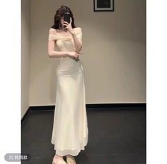 Cyflymder Pure Sexy White Off Shoulder Dress Women's Spring/Summer Slim-fit Slash Neck Wrap Hip Long Dress Fashion Female Clothes