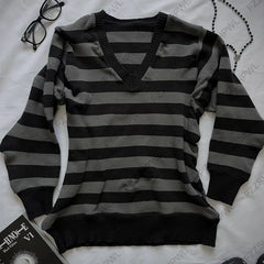 Cyflymder Vintage vibe Stripe V-neck Women Y2k Knitted sweater Grunge Gothic Trend Pullover Fashion Punk Streetwear Long sleeve Knitt Top