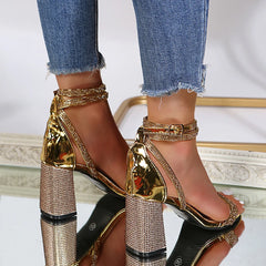 Cyflymder Luxury Gold Silver High Heels Sandals Women Summer Thick Heeled Ankle Straps Party Shoes Woman Plus Size 43 Open Toe Pumps