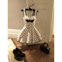 Cyflymder Elegant Polka Dots Mini Dress Women Party Bow Straps Pleated Dresses Summer Fashion Korean Fairy Cute Bodycon A Line Vestidos