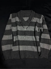 Cyflymder Women's Y2K check V-neck knitted sweater with long sleeves featuring retro mood style high street gothic aesthetic casual wear