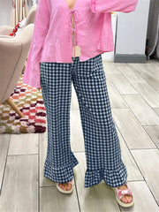 Cyflymder Fashion Womens Plaid Print Pants Ruffles Legs Gingham Wide Leg Loose Casual Pull On Trousers Y2K Retro Chic Going Out Pants