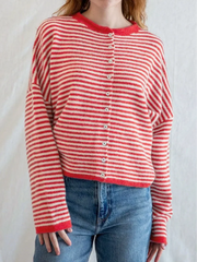 Cyflymder Stripe Women's Cardigan O-neck Single Breasted Full Sleeve Casual Loose Female Knit Cardigan 2025 Autumn Cozy Fashion Lady Coat