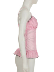 Cyflymder Holiday Sweet Dot Printed Camis Top See Through Slim V-Neck Sleeveless Tank Tops Women 2025 Summer Fashion Streetwear