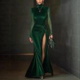 Cyflymder Elegant Party Evening Maxi Dress for Women's Split Hem Knot Ruched Mesh Velvet Splice Turtleneck Long Sleeve Cocktail Dress