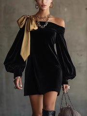 Cyflymder Elegant Off Shoulder Bow Dress Woman Sexy Elegant Temperament Slim Dress Vintage Long Sleeve Spring Autumn Mini Dress 2026