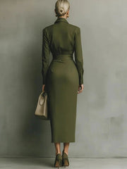 Cyflymder Elegant Asymmetrical Lapel Women's Midi Dress Green Ruched Long Sleeve Slim Pocket Temperament Fall British Office Lady Dresses