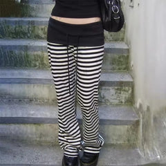 Cyflymder Casual Moda Fashion American Patchwork Drawstring Low Waist Pant Y2k Punk Constrast Color Striped Loose Trousers Lazy Retro Pant