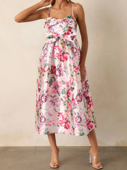 Cyflymder Women s Floral Print Sleeveless Spaghetti Strap Maxi Dress with Bow Front Detail and Loose Fit for Vacation or Special Occasions