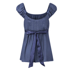 Cyflymder Women Fairy Grunge Y2k Babydoll Shirt Cap Sleeve Micro Polka Dot Tie Back Flowy Babydoll Top Preppy Clothes