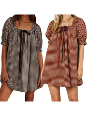 Cyflymder Elegant Plaid Summer Dress with Square Neckline and Puff Sleeves Perfect for Daily Wear and Travel Outfits