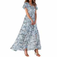 Cyflymder Summer Beach Style Women'sFloral Dresses Casual Short Sleeve Maxi Long Shirts Floral Maxi Dresses Wedding Guest Flowing Dresses