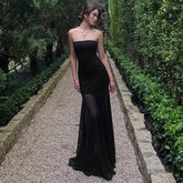 Cyflymder Women Sexy See Through Mesh Patchwork Mermaid Holiday Maxi Dress Strapless Backless Birthday Party Long Robe Vacation Outfits