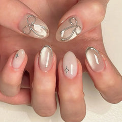 Cyflymder 24Pcs Cat's Eye Design Fake Nail with Pearl Short Round Head Press on False Nails Silver French Bow Pattern Full Cover Nail Tips
