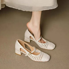 Cyflymder French Single Shoes Women Spring Summer Cutout Woven Square Toe Kitten Heel Block Heel Off-White Sandals