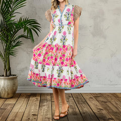 Cyflymder Floral Print Long Dress y2k Women's V Neck Flying Sleeve Flowy A Line Dress Vacation Beach Party Dresses Streetwear