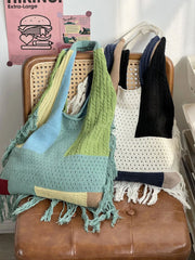 Cyflymder Tassel Bohemia Splicing Knitted Shoulder Bag Crochet Handbag Retro Woven Tote Bags For Women