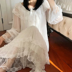 Cyflymder Women's Lolita White Princess Dress Sleepshirts Vintage Palace Style Multilayer Lace Mesh Nightgowns.Nightdress Sleep Loungewear
