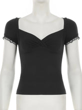 Cyflymder Casual Basic Lace Trim T Shirt Elegant Slim Folds Square Collar Short Sleeve Tees Women Summer Fashion Streetwear