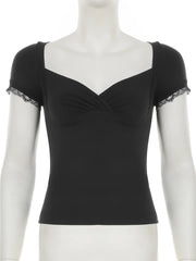 Cyflymder Casual Basic Lace Trim T Shirt Elegant Slim Folds Square Collar Short Sleeve Tees Women Summer Fashion Streetwear