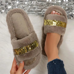 Cyflymder Fashion Gold Glitter Faux Fur Indoor Slippers Women Winter Comfortable Flat Heel Furry Home Slippers Women's Warm Plush Slides