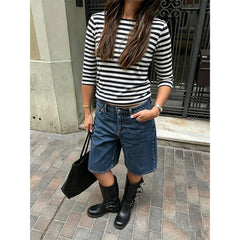 Cyflymder Women Sexy Striped Print Mid Sleeve T-shirts Minimalist Y2K Cottage Slim Casual Shirts Spring Fall Tees Tops Streetwear