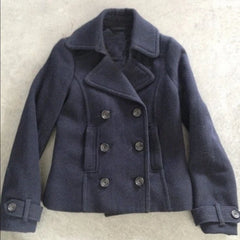 Cyflymder Women Y2K Navy Blue Lapel Double‑Breasted Wool Blend Peacoat Cropped Short Jacket Vintage Long Sleeve Outerwear Coat