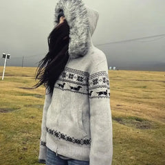 Cyflymder Retro Preppy Jacquard Sweater Jacket Autumn Winter Casual Hooded Knitted Coat Women Loose Imitation Fur Zipper Outerwears A174
