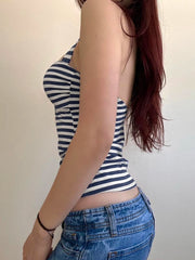 Cyflymder Casual Striped Bandage Halter Tops Slim Backless Slash Neck Sleeveless Tank Tops Women Summer Fashion Streetwear