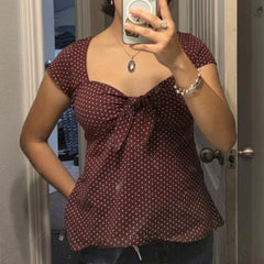 Cyflymder Women Fairy Grunge Coquette Shirts Y2K Polka Dot Puff Short Sleeve Babydoll Tops 90s Girls Vintage Aesthetic Blouses