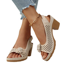 Cyflymder Women's Summer Hollow out Breathable Slippers, 3D Floral High-heeled Sandals, Fashion Chunky Heel Buckle Sandals