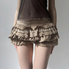 Cyflymder Retro khaki multi-layer design cake skirt age reducing slimming flower bud mini skirts