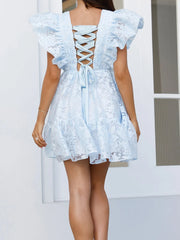 Cyflymder Elegant Lace Trimmed A-Line Dress with Flared Sleeves and Plunging Neckline Vintage Inspired Cocktail Party Dress