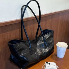 Cyflymder Retro Black Tote Bag Women Faux Crocodile Embossed Leather Large Capacity Shoulder Bag Ladies Fashion Commute Versatile Handbag