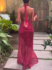 Cyflymder Women's Elegant Slim Party Dress New Fashion Polka Dot Print Lace-up Drape Neck Maxi Dress Sexy Holiday Backless Dress