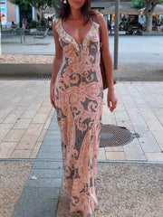 Cyflymder New Retro Dress Women Lingerie Style Printed Dress Summer Lace Decoration Sleeveless Elegant Party Dress