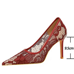 Cyflymder Shoes Wine Red Lace Women Pumps Mesh Hollow High Heels Sexy Party Shoes Stilettos Pointed Toe Female Pumps Tacones