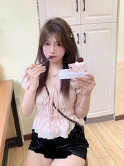 Cyflymder Sweet Hot Girl Square Collar Bubble Sleeve Shirt for Women's Summer Slim Fit Lace-up Hollow Short Shirt Fashion Female Clothes