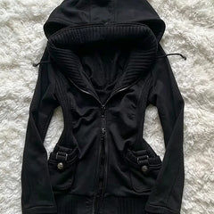 Cyflymder Y2K Gothic Women's Double Zipper Hoodie Coat Side Buckle Waist Slimming Long Sleeve Hoodie Sports Street Style Coat Punk