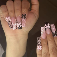 Cyflymder 24Pcs Long Square Head Press on Nails Pink Leopard Print French Design False Nails 3D Bow Detachable Full Cover Fake Nails Tips
