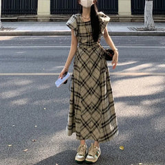 Cyflymder Vintage Plaid Aura Waist Long Dress Summer French Style A-Line Female Clothing Short Sleeve Stylish Cut Out Drawstring Dresses