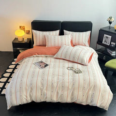 Cyflymder 4Pcs High-End Striped Jacquard Fitted Sheet Bedding 100% Cotton Soft Breathable Bedclothes Cozy Comfort Set with Corner Belt