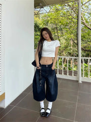 Cyflymder Summer Cool Girl Wide Leg Letter Embroidery Denim Cropped Pants Women's Calf-length Jeans Female High Waist Capris Pants