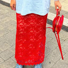 Cyflymder Women's Summer Lace Long Skirts Elegant Low Waist Solid Color See-Through Midi Skirts Slim Fit Skirts