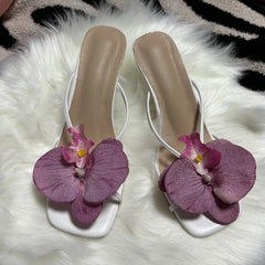 Cyflymder Orchid Flower Summer New High Heeled Women White Pink Blue Purple Floral Heels Square Toe Prom Slipper Slingback Shoes for Women