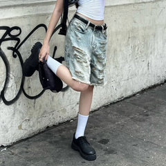 Cyflymder Fashion Women Ripped Raw Hem Retro Jeans Shorts Summer Five-Pocket Denim Shorts Chic Straight Legged Pants Streetwear