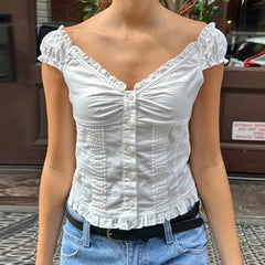 Cyflymder Preppy Button Down Blouse Tops Y2k Vintage Cap Sleeve Women T-shirt 00s Fairy Frill V Neck Crop Tops Milkmaid Vest