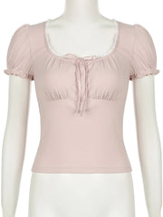 Cyflymder Sweet Solid Cropped T Shirt Casual Slim Folds Square Collar Puff Sleeve Tees Women Summer Fashion Streetwear Laides