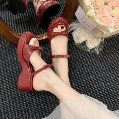 Cyflymder Summer Women Platform Sandals Bowknot Wedge Heel Open Toe Ankle Strap Patent Leather Shoes for Ladies Casual Beach Holiday