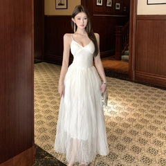 Cyflymder Temperament Dresses Women Sexy V Neck Sleeveless Mesh Patchwork Backless Slim Sweet Elegant Party Dress Ladies Chic